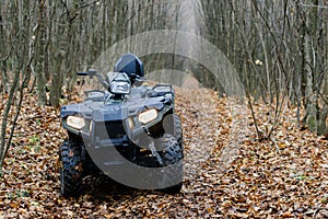 Travel without roads. ATV. A man rides through the forest on an all-terrain vehicle. Quad bike. In the woods. ATV trip to the