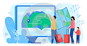 Travel route app vector illustration, cartoon flat traveler tourist family people using map application on computer