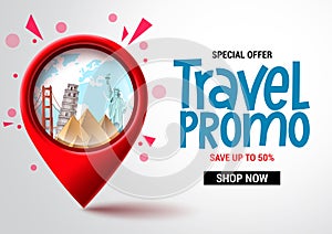 Travel sale vector banner design. Travel promo special offer text with location pin elements