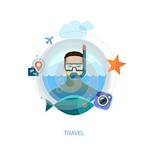 Travel on the sea flat icons illustration