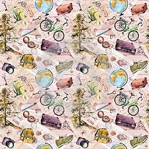 Travel seamless pattern with hand written letters, post cards, postal marks on old paper texture. Watercolor outdoor