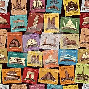 Travel seamless pattern with old postage stamps photo