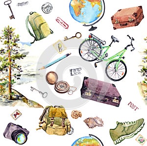 Travel seamless pattern with pine tree, tavel equipment - bicycle, photo camera, compass, suitcase, backpack. Watercolor