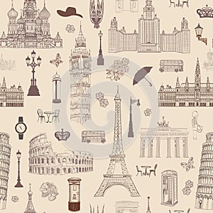 Travel seamless pattern. Vacation in Europe wallpaper. Travel to capitals