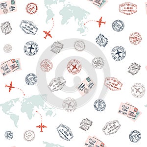 Travel seamless pattern with world map and post and visa stamps