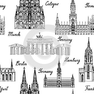 Travel seamlss pattern. Visit Germany background with sketch bee