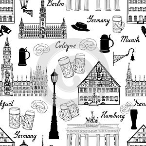 Travel seamlss pattern. Visit Germany background with sketch bee