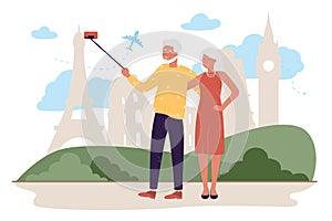 Travel senior couple, cartoon happy elderly family tourists characters traveling, tour in Europe