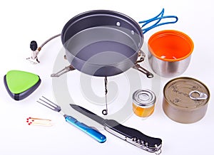 Travel set for eating. Tourist's dish kit. Various professional tools and items for outdoors cooking