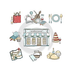 Travel set hand drawn restaurant icons set, flat illustration grunge texture isolated cafe clip art on white background photo