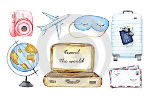 Travel set of icons with airplane, the globe, suitcase, sleep mask, camera, letters, mail, vacation and recreation