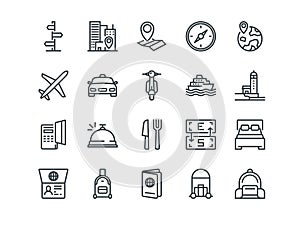 Travel. Set of outline vector icons. Includes such as Hotel, Route, Currency Exchange and other. Editable Stroke. 48x48