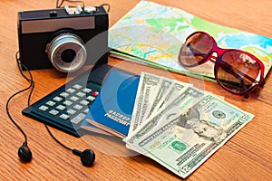 Travel set passport money blank notebook camera road map sunglasses calculator, headphones. Summer accessorie