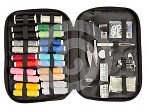 Travel sewing kit on white background