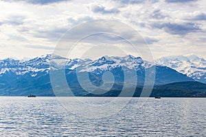 Travel ship in lake Thun and view of Bernese Alps mountain Berne, Switzerland