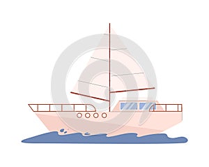 Travel ship with sail in water flat style, vector illustration