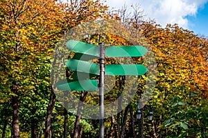 Travel signpost with several blank arrows on autumn park background