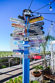 Travel Signposts Decorate Bethany Beach Boardwalk