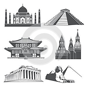 Travel silhouette landmarks with famous world monuments vector set