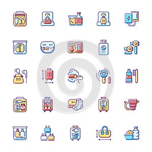 Travel size objects RGB color icons set