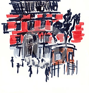 Travel sketch graphic color picture markers Madrid Plaza Mayor