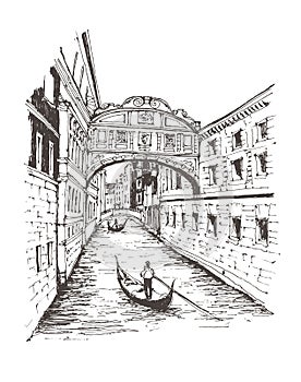 Travel sketch illustration black and white of water gondolier Italy Venice