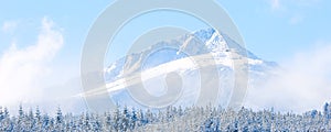 Travel ski background with slopes, snow mountain peak, copyspace