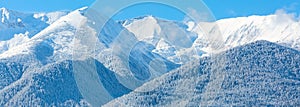 travel ski background with slopes, snow mountain peak, copyspace