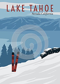 travel ski in lake tahoe poster vintage vector illustration design. national park in nevada california vintage poster