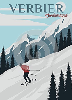 travel ski in verbier poster vintage vector illustration design. national park in switzerland vintage poster