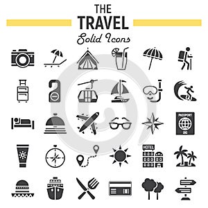 Travel solid icon set, tourism symbols collection