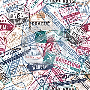 Travel stamp pattern. Vintage traveler passport airport visa arrived stamps. Traveling world vacation seamless vector