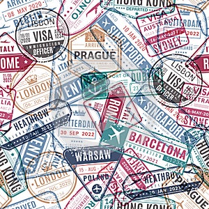 Travel stamp pattern. Vintage traveler passport airport visa arrived stamps. Traveling world vacation seamless vector photo