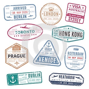 Travel stamp. Vintage passport visa international arrived stamps with grunge texture. Isolated vector set photo