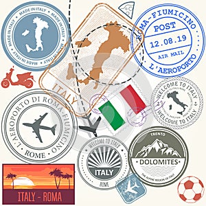 Travel stamps set - Italy and Rome journey symbols