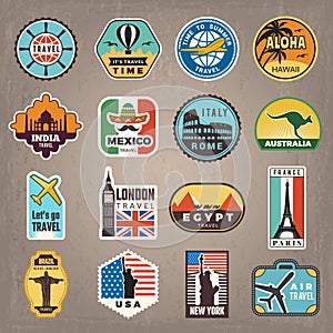 Travel stickers. Vacation badges or logos for travelers vector retro pictures