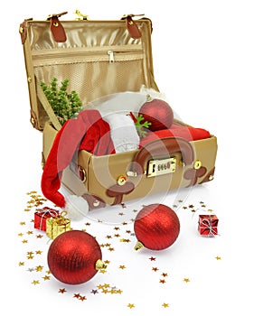 Travel suitcase with Christmas ornaments