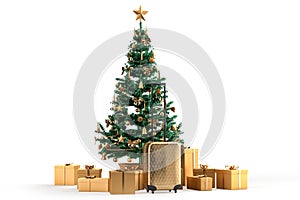 Travel suitcase, Christmas tree and gift boxes. Christmas travel concept. Isolated. 3D Rendering