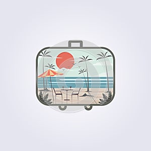 Travel suitcase creative beach vintage retro poster, beach theme in suitcase frame, beach travel logo vector illustration