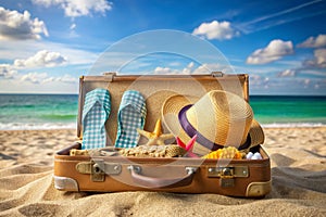 Travel suitcase with flip flops, hat and seashells on sandy beach. AI generated