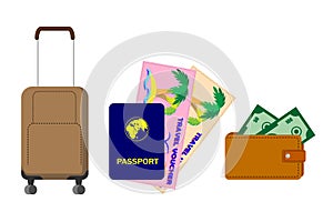 Travel suitcase, international passport with travel vouchers, purse with banknotes, money