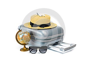 Travel suitcase isolated. Travel accessories with suitcase, straw hat, toy airplane and globe in minimal trip vacation concept