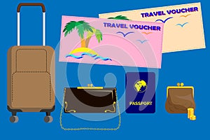 Travel suitcase, ladys bag, international passport with travel vouchers, wallet with money