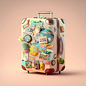 Travel suitcase with many stickers. Generative AI