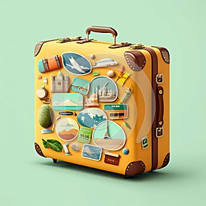 Travel suitcase with many stickers. Generative AI