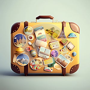 Travel suitcase with many stickers. Generative AI