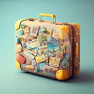 Travel suitcase with many stickers. Generative AI