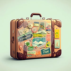 Travel suitcase with many stickers. Generative AI