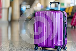 Travel suitcase positioned beside the entrance of a bustling and busy airport terminal