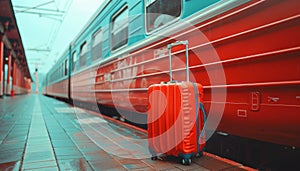 Travel suitcase positioned by the entrance of a train, ready for a journey ahead photo